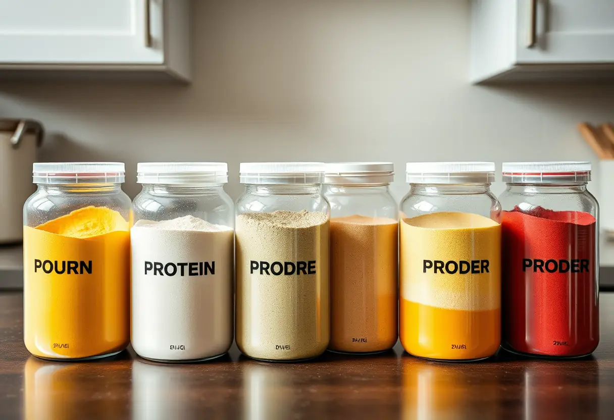 Un plan de travail cuisine avec des récipients en plastique contenant des protéines de différents types